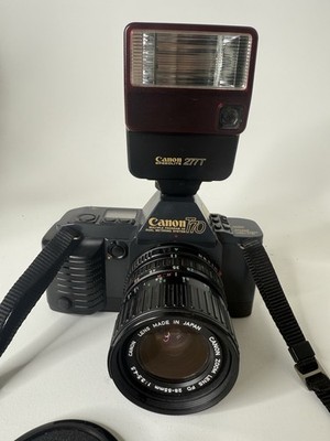 Canon T70 35mm Film Camera Bundle FD 28-55mm Lens + Speedlite 277T Tested