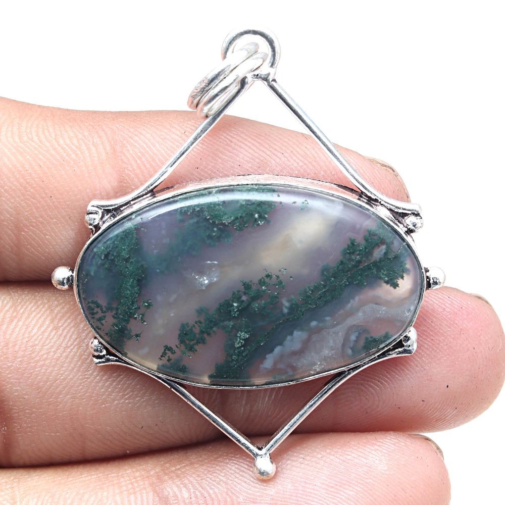 Handmade Antique Moss Agate Gemstone Necklace 2 Inch-image