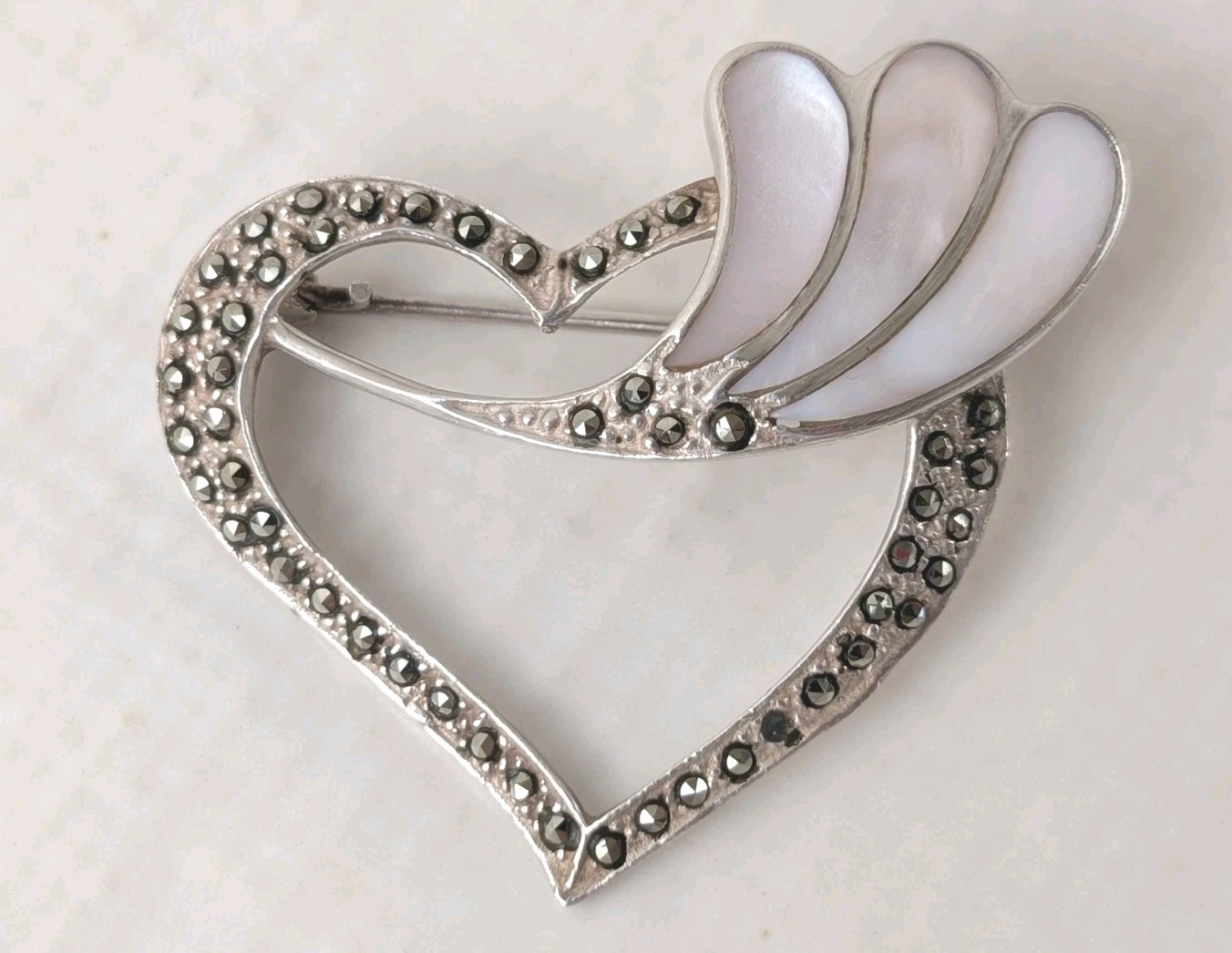 Vintage 925 Sterling Silver Marcasite Heart Brooch Mother of Pearl Wing Pin...
