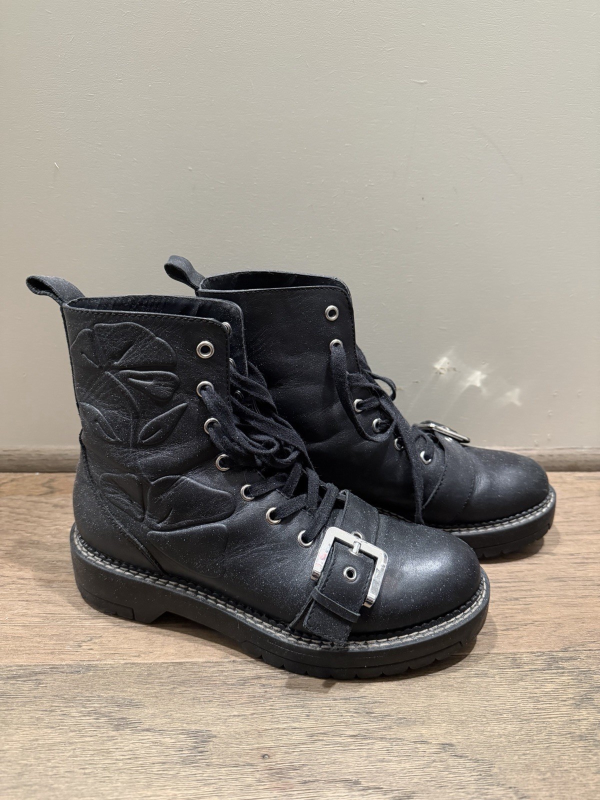 ZARA BASIC Collection Black Leather Combat Boots … - image 1