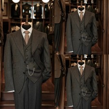 Vintage Tweed Herringbone Men Suits Business Tuxedo Classical Blazers Vest Pant