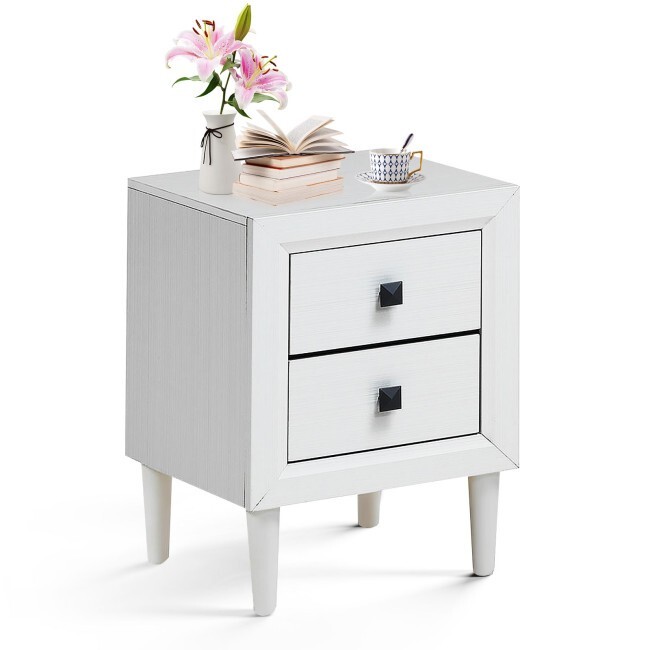 Retro White Nightstand with 2 Drawers Fully Assembled Multipurpose Bedside Table-image