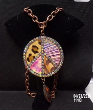 Gypsy South Necklace, Peace Sign Necklace outlined in AB Crystal. Mixed Print.
