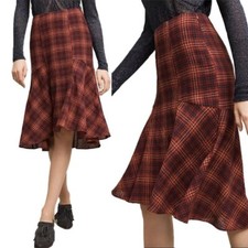 NWT Anthropologie Maeve Crimson Plaid Wool Flounce Hem Midi Skirt Women's 4