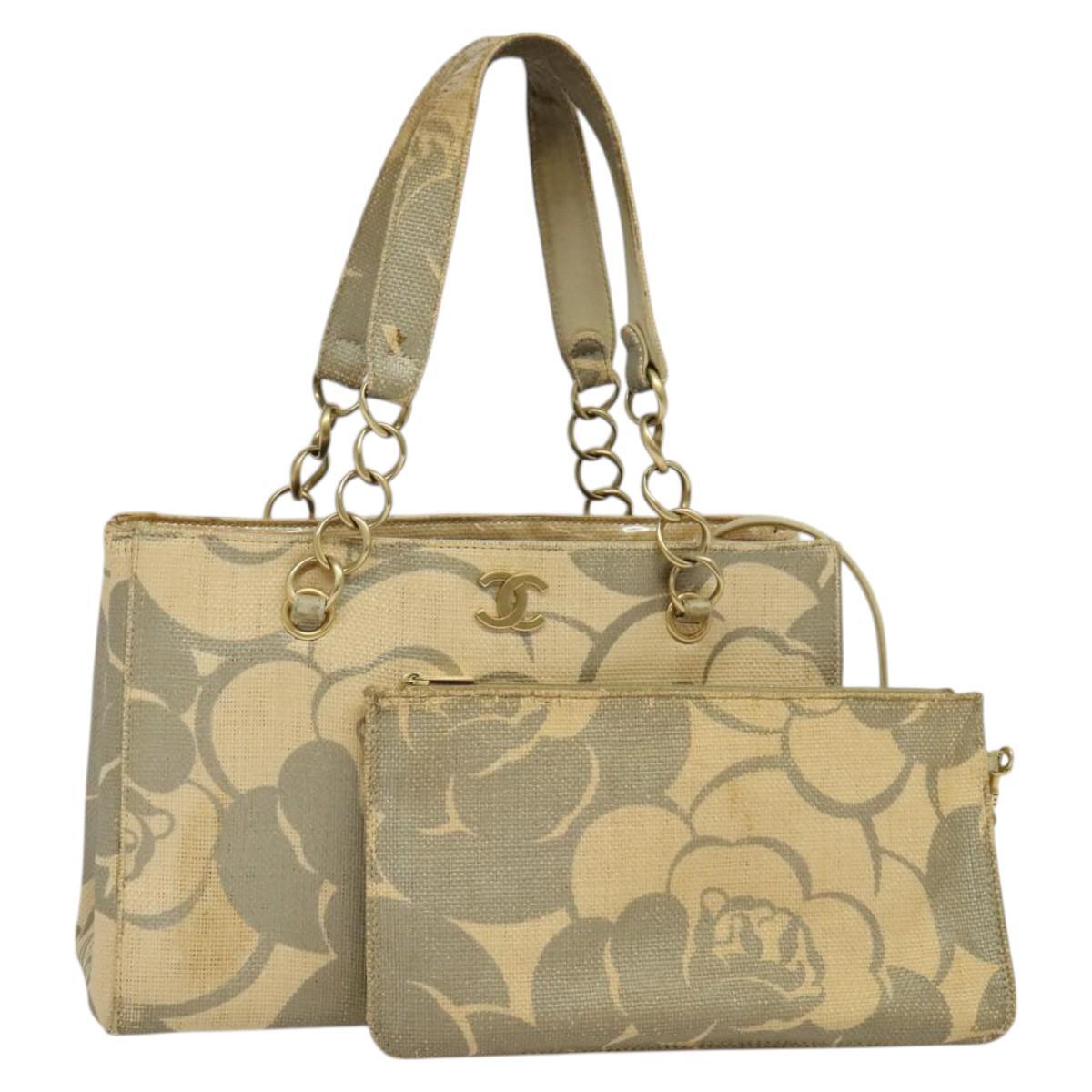 CHANEL Camellia Chain Straw Tote Bag Beige CC Auth 122907
