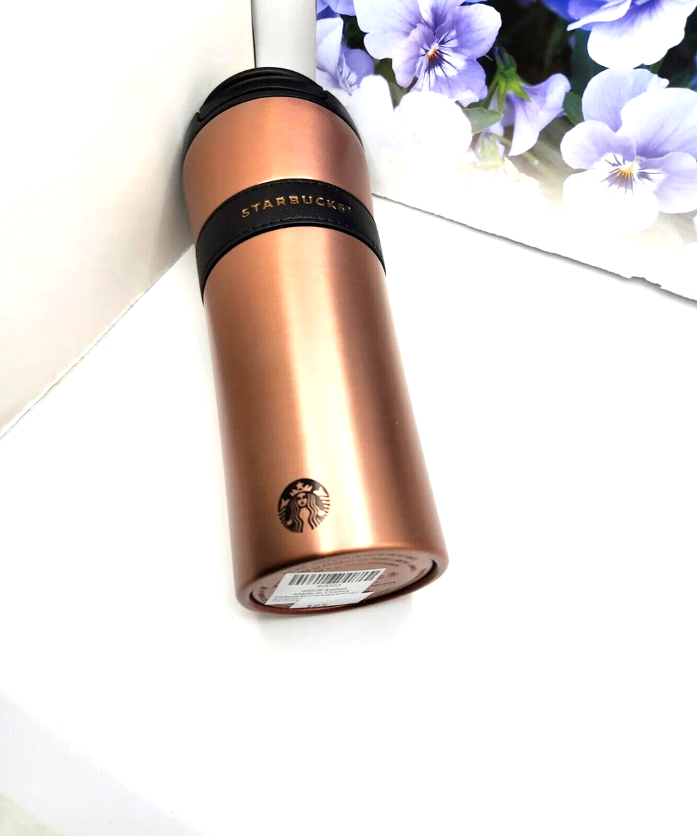 Starbucks Stainless Steel Tumbler Rose Gold w Leather Band 16oz