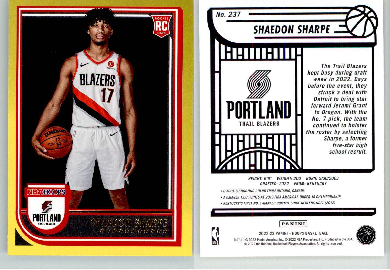 Shaedon Sharpe 2022-23 NBA Hoops Yellow #237 Trail Blazers RC Rookie