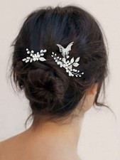 Butterflies Bride Wedding Hair Pins Silver Pearl Bridal Hair Pieces Hair Deco...