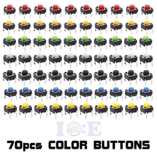 70Pcs 6x6x5mm 7 Colors PCB Momentary Tactile Tact Push Button Switch 4 Pin DIP