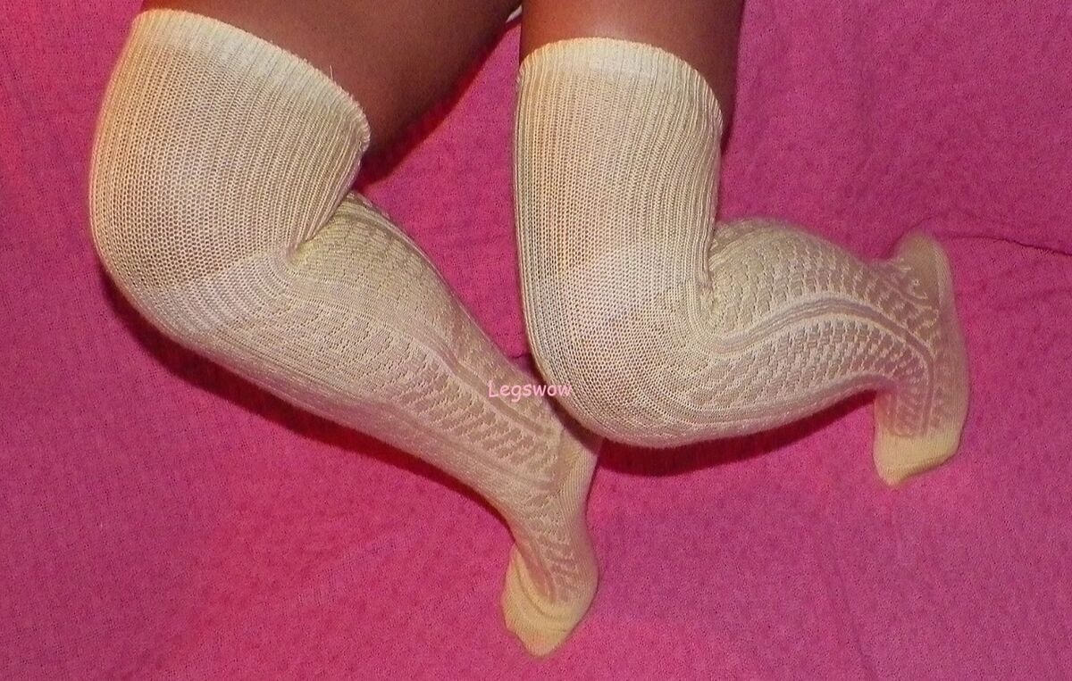 Cable Knit Over The Knee High OTK Socks 33&#034; Long Butter Cream School Girl | eBay