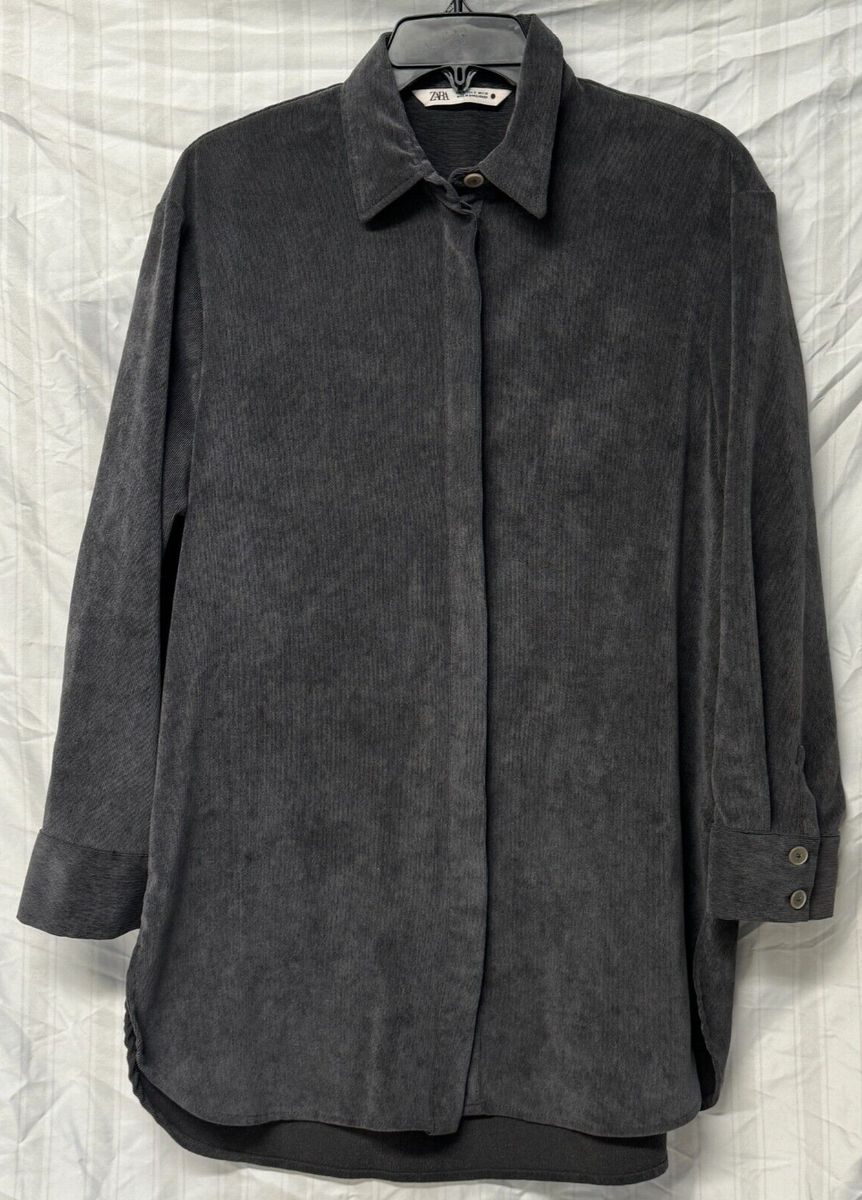 Zara Corduroy Shirt Dress Womens S Dark Gray Long Sleeve Collared