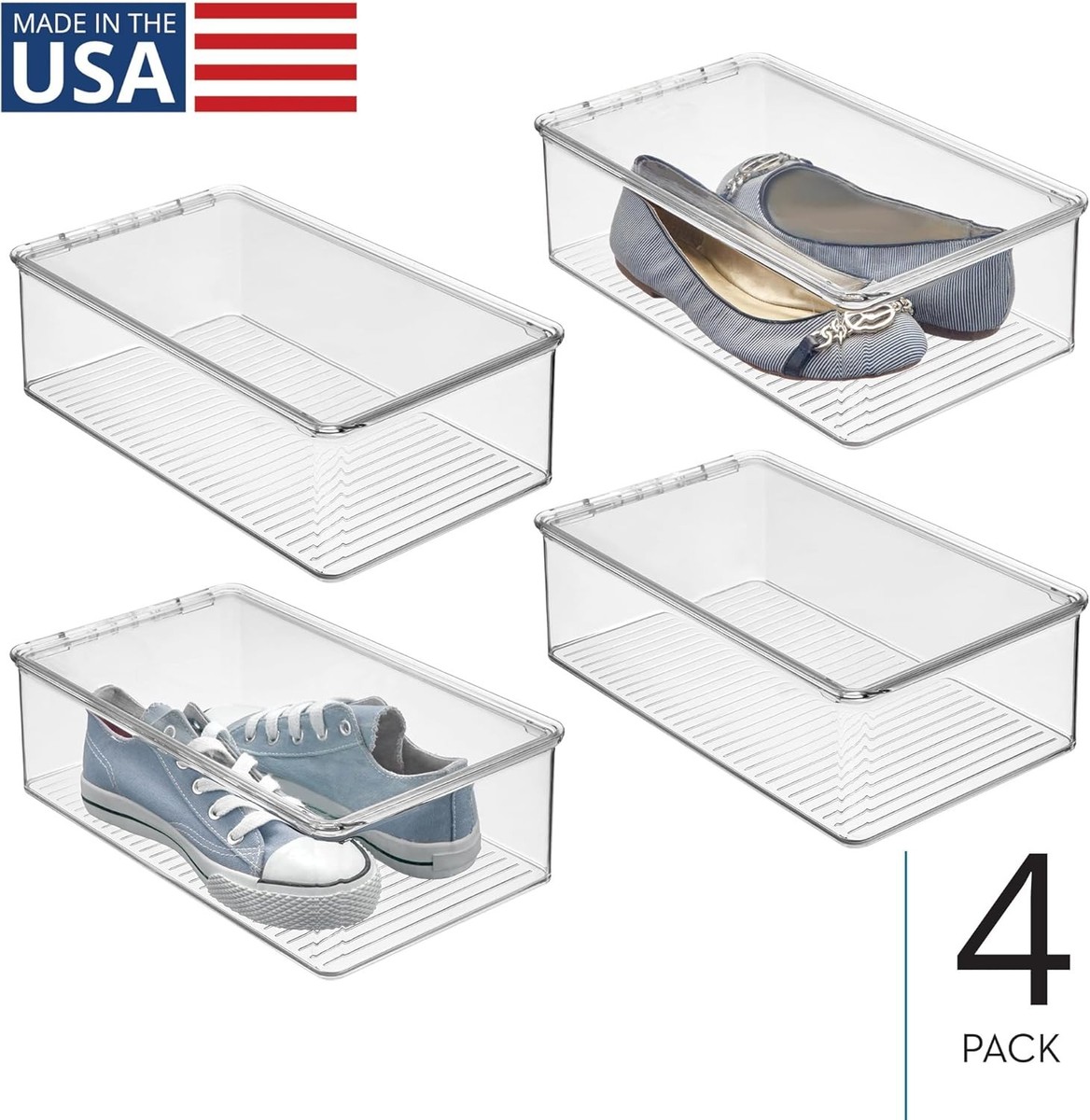 Stackable Plastic Shoe Box W/ Hinged-Lid Sneakers Sandals & Flats