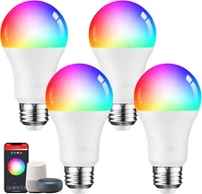 4 Pack Smart WiFi LED A19 Bulb, RGBCW Color Changing, 10%-100% Dimmable with App