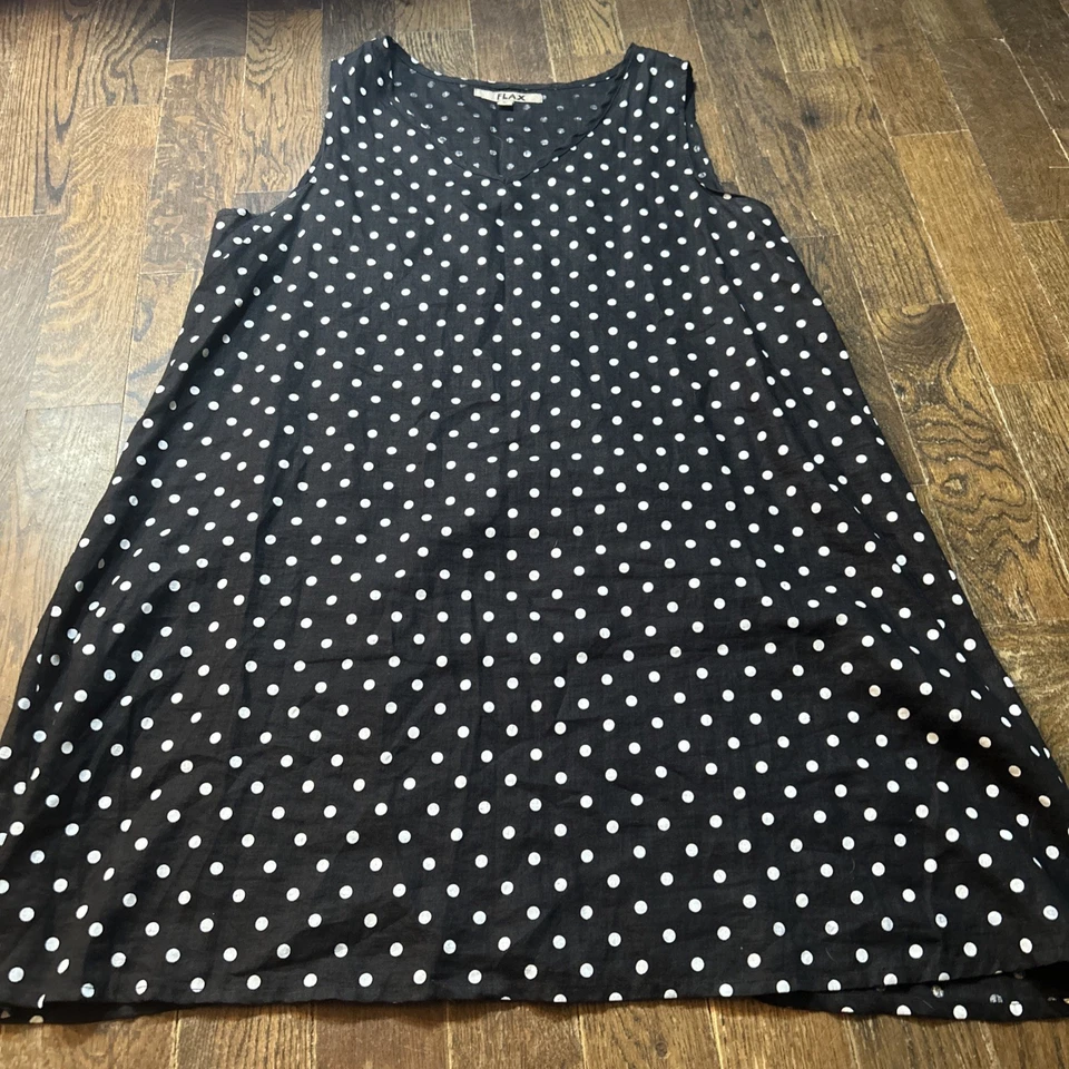 Vestido recto lino 100 % lino talla GRANDE negro ~ blanco punteado sin mangas cuello en V Foto 2 de 4