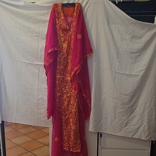 Handmade Women's Kaftan Pink Gold Sheer Fabric with Gold Embroidery One Size