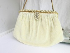 Antique Made in France White Micro Bead Purse Fold Over Lock Snake Chain Spots