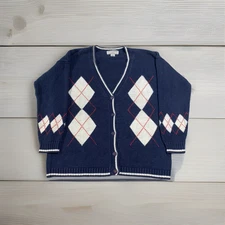 Melbourne Classix Ramie Blend Cardigan Sweater Buttons Argyle V-Neck Women L Vtg