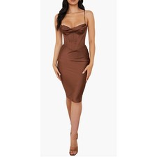 House of CB Myrna Satin Corset Midi Satin Dress Chocolate Brown XS