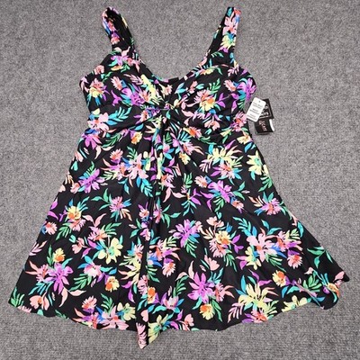 Island Escape Women Swimdress Floral Full Bust Waist Thigh Minimizer Black 16W