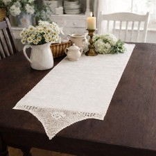 Vtg Linen Blend Filet Crochet Lace Table Runner 15x45 Picot Edge Cottage White