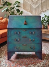 Antique Small Bureau Writing Desk LOCK & KEY HandPainted Upcycled Teal Secretary