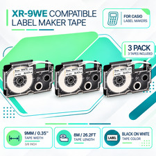 3PK XR-9WE Label Tape Refill for Casio KL-120 KL-7000 White 9mm x 8 meters