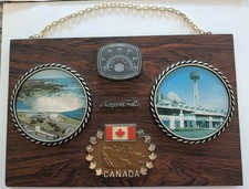 Vintage Niagara Falls Canada Souvenir Wood Wall Plaque Crest, Prints,Thermometer