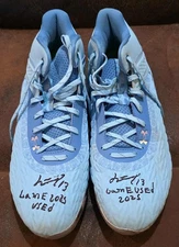 JUNIOR CAMINERO SIGNED AUTOGRAPHED 2025 GAME USED BLUE CLEATS BECKETT + PD LOA!!