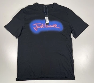 Just Cavalli T-Shirt Schwarz Blau Größe XL Herren Sommer Grafik Tee Druck Vorne - Bild 1 von 4