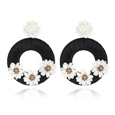 Raffia Flower Hoop Earrings, Handmade Floral Raffia Statement Drop and Dang - 03