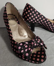 Sofft Black & Pink Polka Dot Pumps, Peep Toe, Low Kitten Heel, Bow Accent, Sz 7 