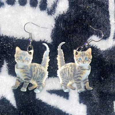 Silver Tone Metal Cat Dangle/Drop Earrings Hook Closure Nickel-Free No Stone