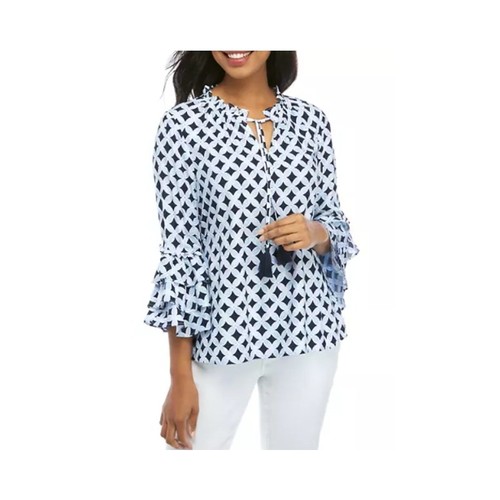 Crown & Ivy Damen 3X Dreiviertelärmel Schlitz Ausschnitt Bluse blau weiß Print