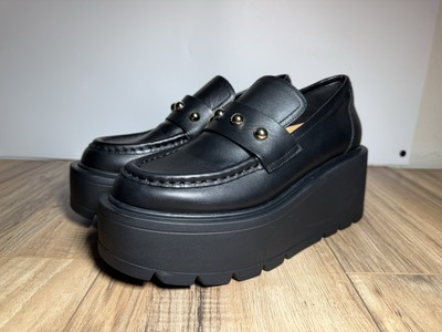 J/Slides Nyc Vicky Platform Loafer Black Leather size M 9 Chunky Derby Lug