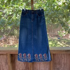 BOM Jeans Women's Y2K Vintage Denim Embroidered Maxi Skirt Size M