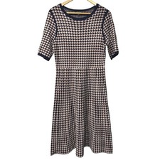 Ann Taylor Knit Dress Size Medium Black Navy Tan Houndstooth Coastal Work Preppy