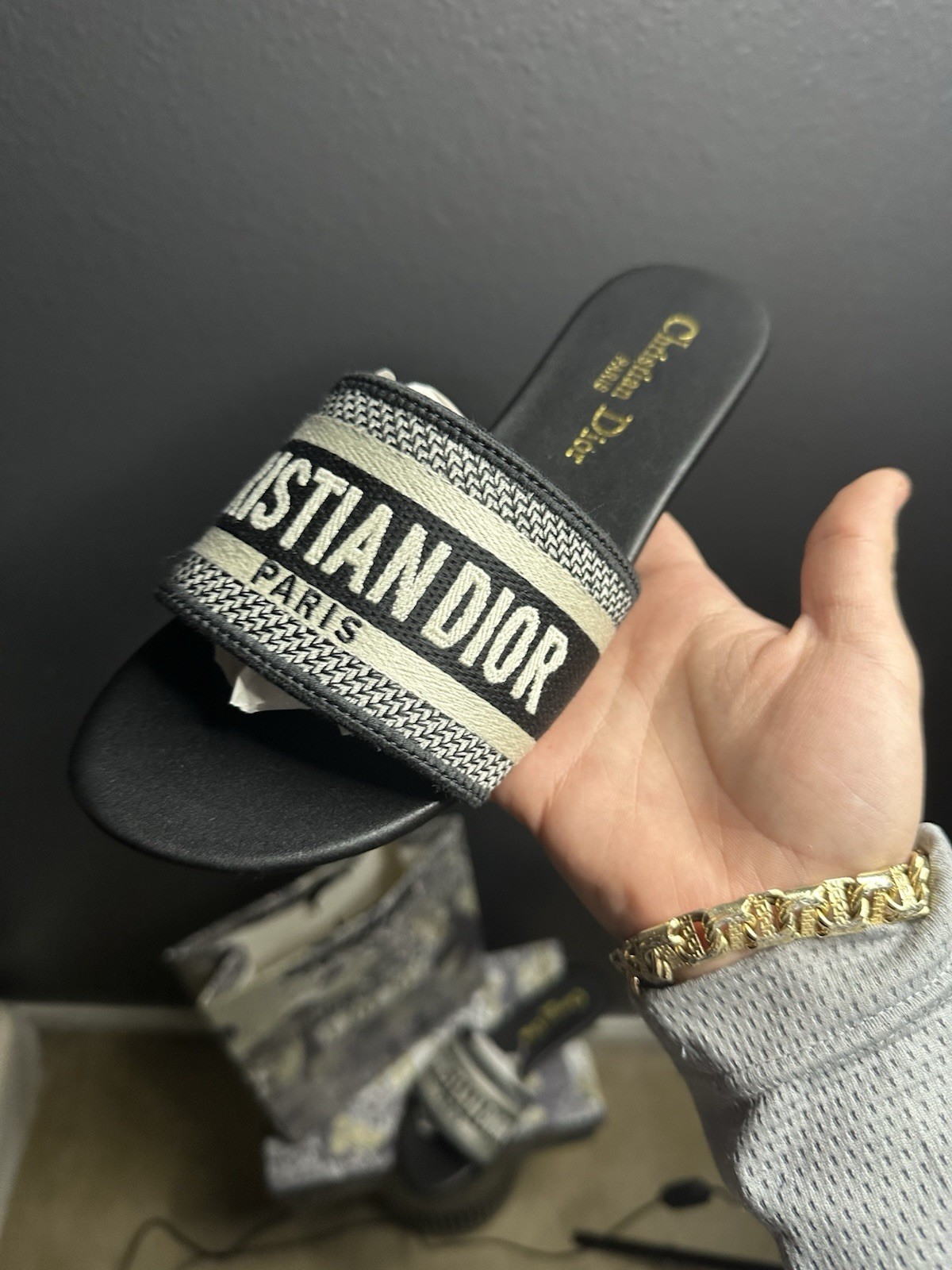 Christian Dior Logo Embroidered Slip-On Slide Sandals Black Beige EU 37 Women thumbnail 3