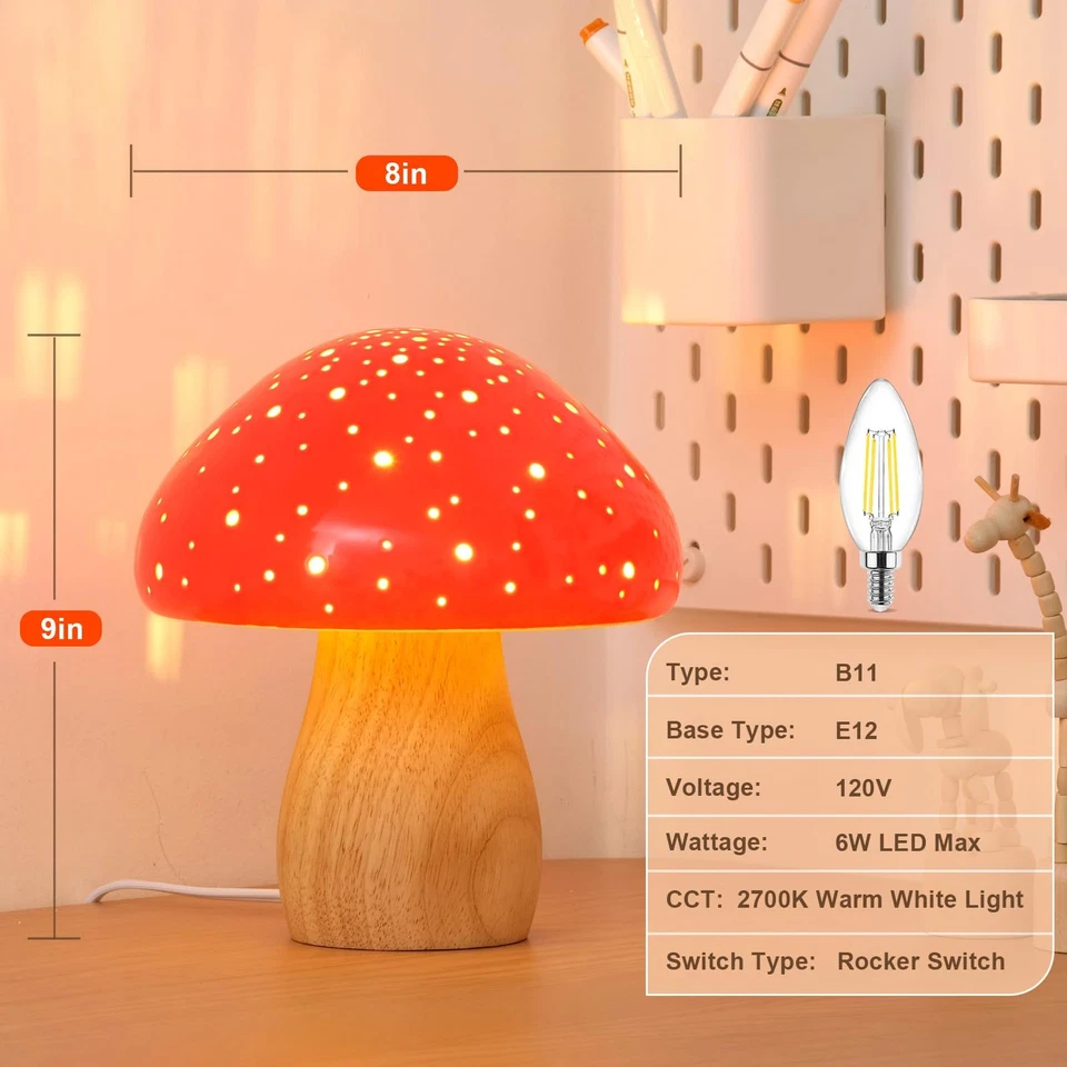 Грибная лампа, керамическая прикроватная настольная лампа для спальни тумбочка, ретро Vinta... - Изображение 3 из 4