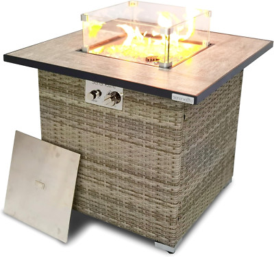 50000 BTU Propane Fire Pit Table with Wicker Base & Glass Wind Guard