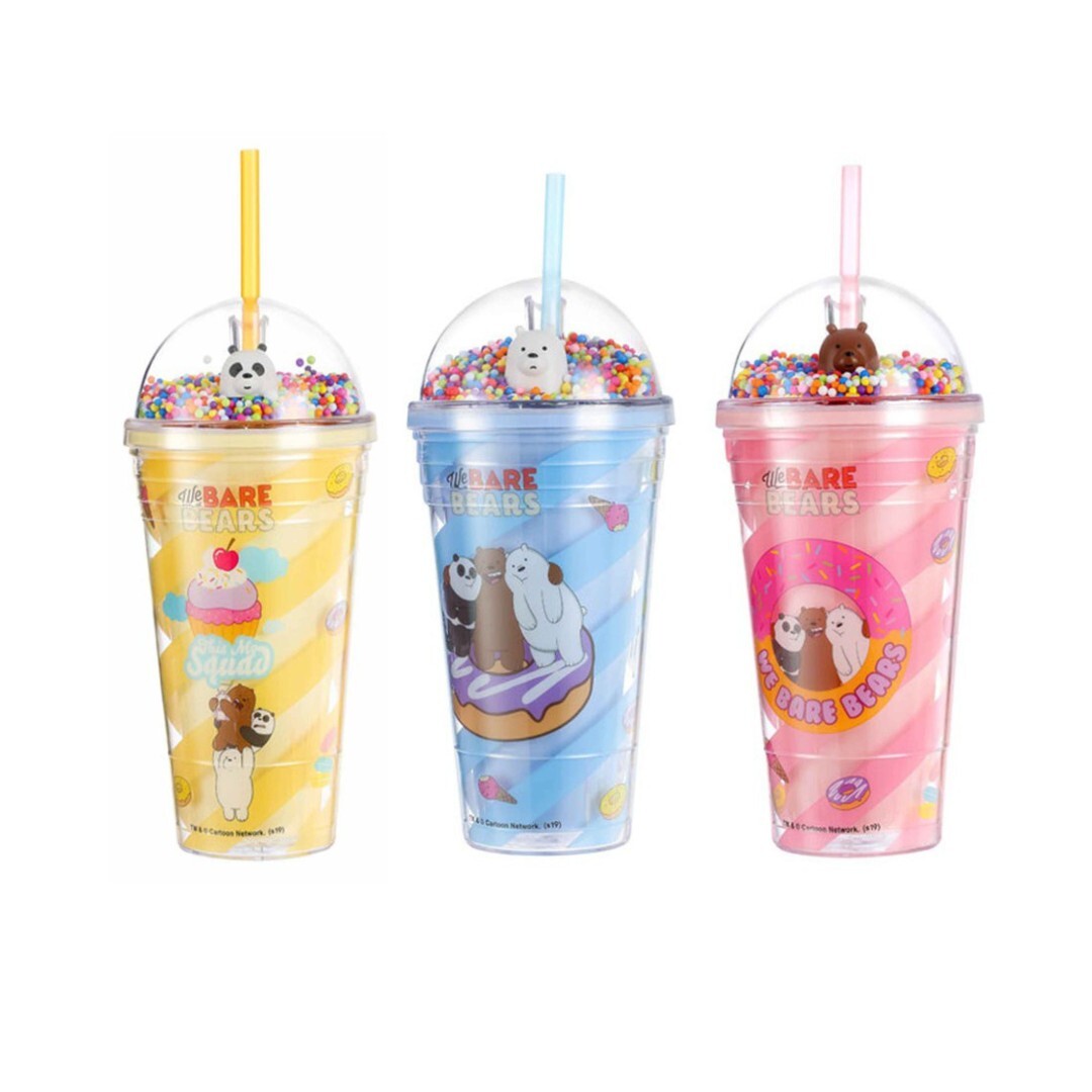 MINISO We bare bears Grizzly Panda Icebear Plastic Tumbler Cup Straw