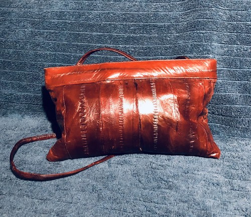 Vintage '70's -'80's Chocolate Eel Skin Shoulder/Clutch Purse - Picture 2 of 12