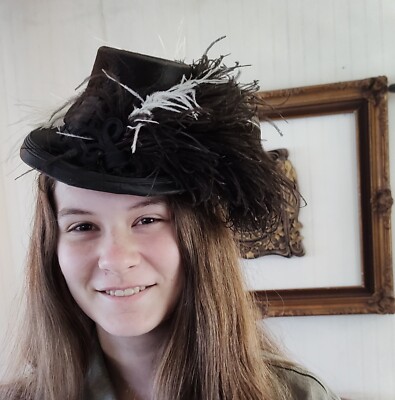 Antique Ascot Edwardian Authentic Black Velvet Ostrich Feather Mini Top Hat 