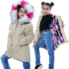 Kids Girls Hooded Rainbow Fur Stone Parka School Outwear Jackets