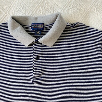 Duckster Mens Polo Blue White Stripe Button Down 100% Cotton XXL Vintage USA