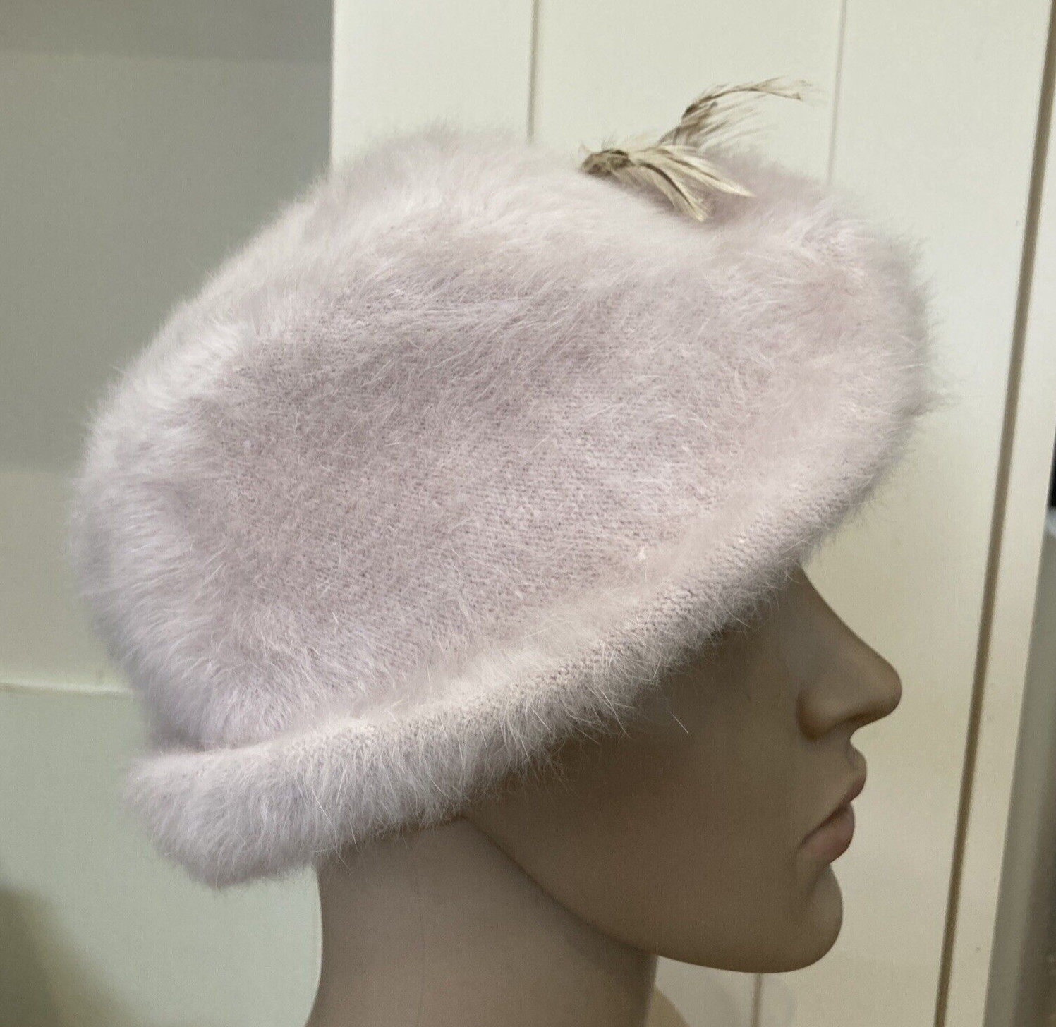 Vintage "Hat Box" Mushroom Angora Hat, with Feather Trim, Small/Medium Size 6