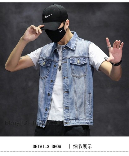 Men's Denim Vest Cowboy Waistcoat Sleeveless Casual Jacket Coat Oversize Retro - Picture 19 of 26