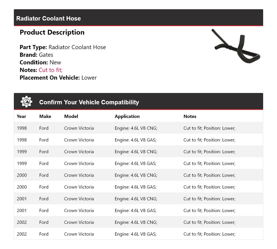Шланг охлаждающей жидкости для радиатора Ford Crown Victoria 1998-2002 годов выпуска нижние ворота 1999 2000 - Изображение 2 из 4