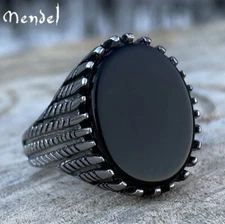 MENDEL Mens Stainless Steel Fashion Art Deco Black Onyx Stone Ring Men Size 7-13