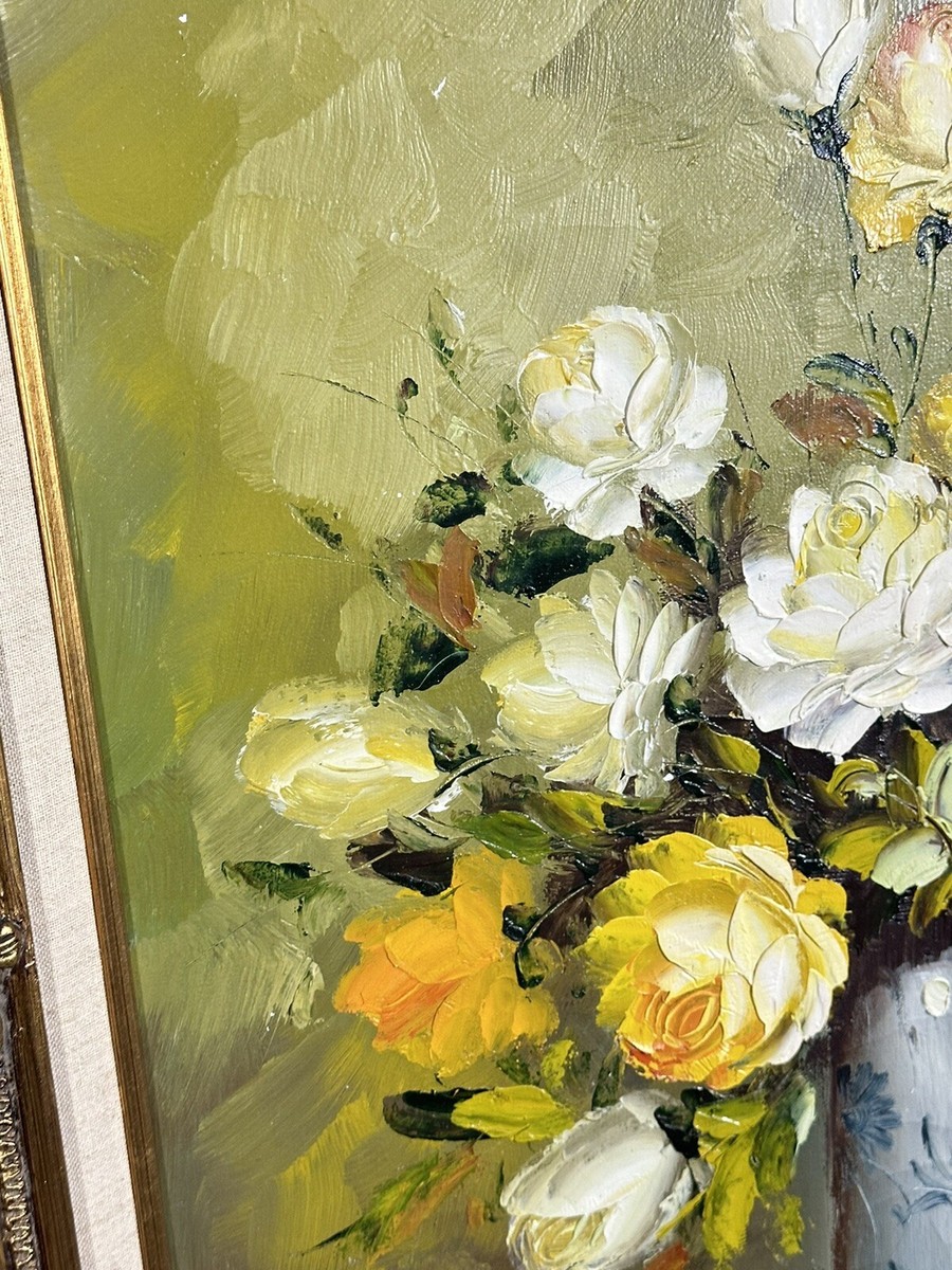 Vtg Oil On Canvas Yellow Roses Floral In Vase Signed K. Hobart