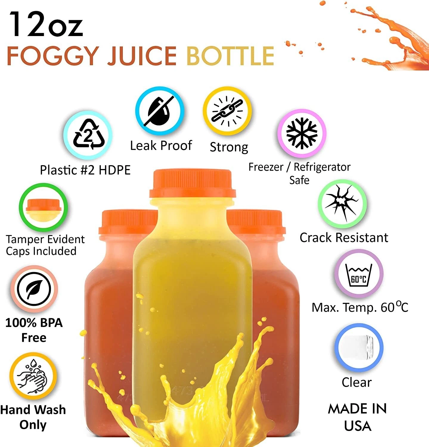250 Pack Empty Translucent Plastic Juice Bottles with Tamper Evident Caps 12 Oz.